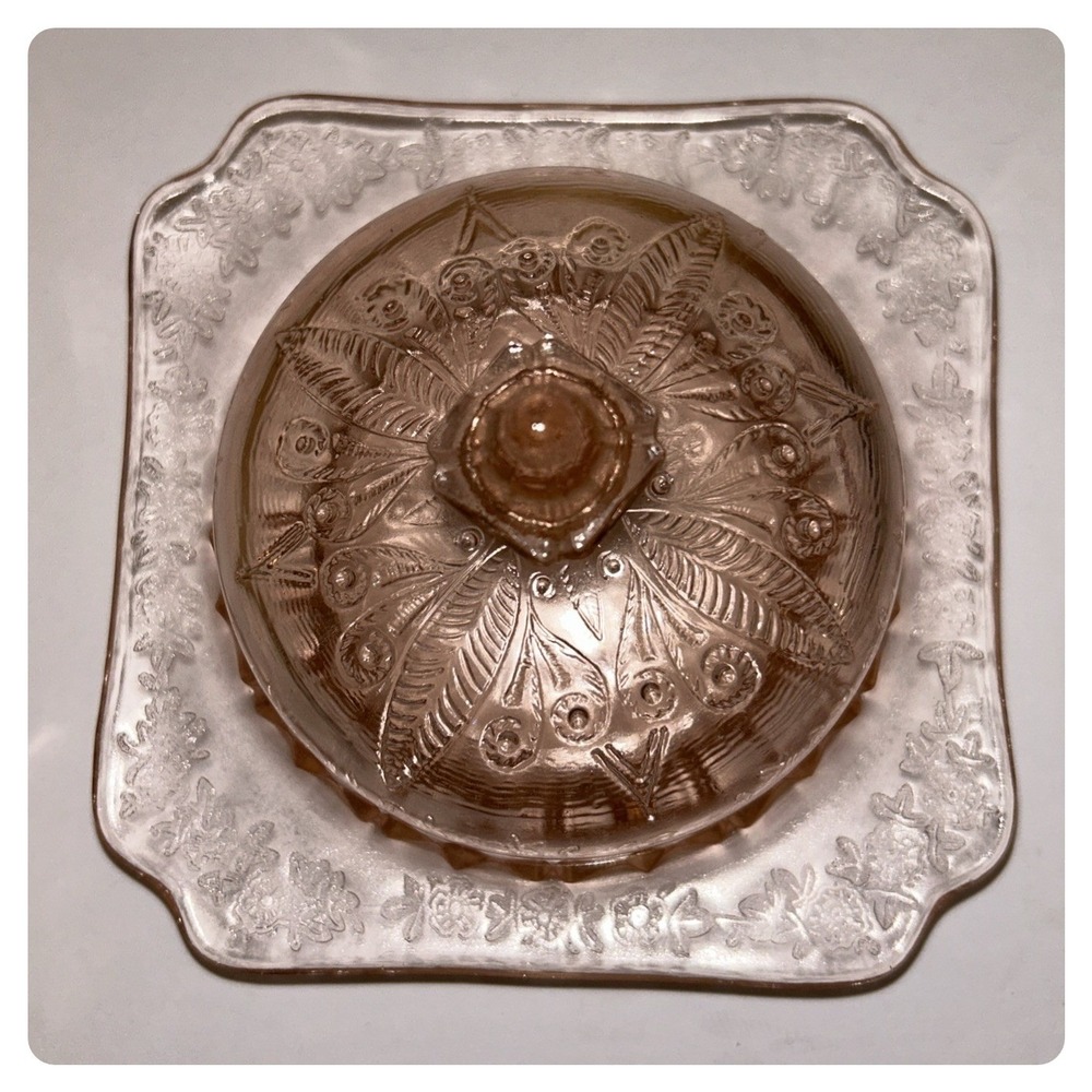 Vintage Jeannette Pink Depression Glass Butter Dish w/ Dome Lid Adam Pattern